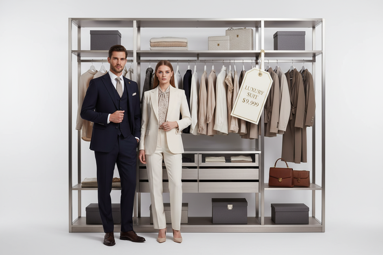 Men & women in suits & one price with pure white background of clothes wardrobe